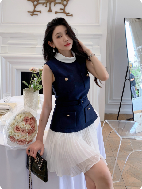 百褶雪纺短裙小香风气质无袖假两件连衣裙高级不撞款