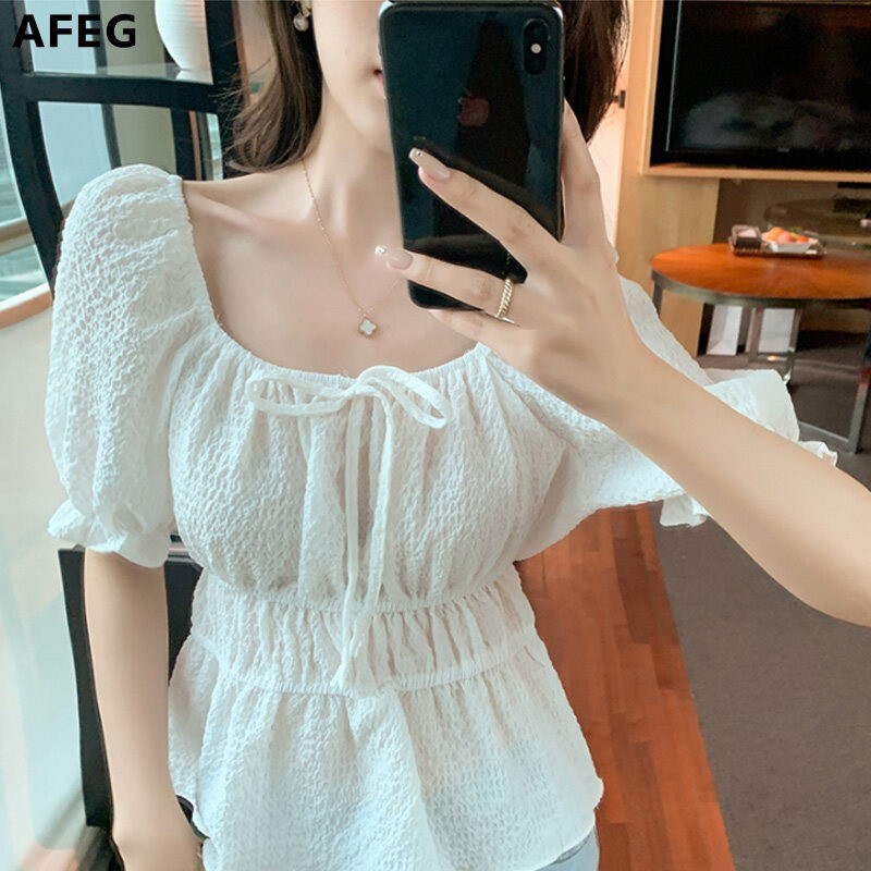 AFEG韩版女短袖方领系带气质上衣女
