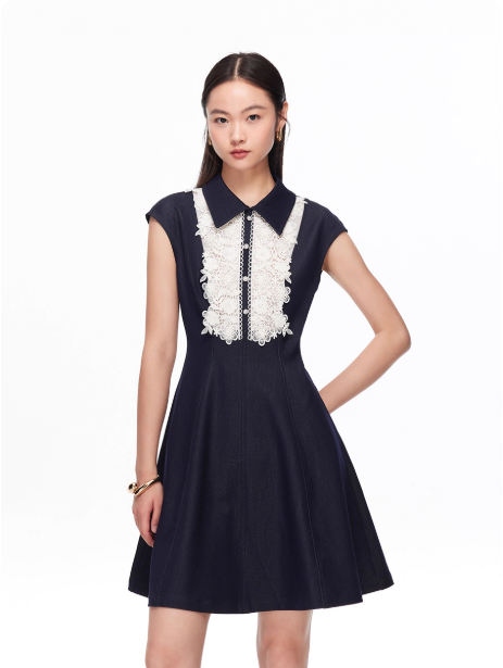 新款立体蕾丝花形翻领收腰