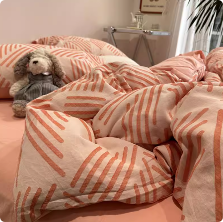 粉色水洗棉提花简约格四件套全棉纯棉粉色1.5m被套